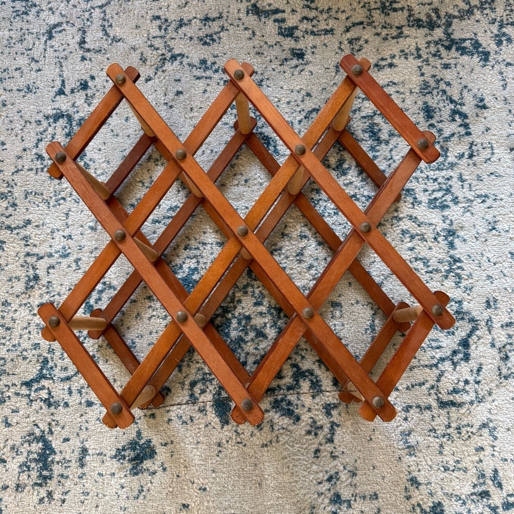 Vintage Mid Century Modern Folding Accordion Solid Teak Wood Wine Rack Stand